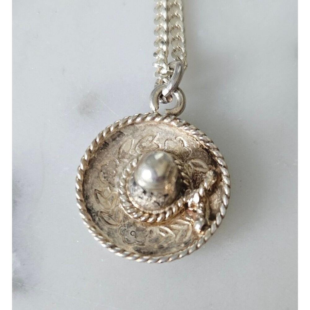 925 Sterling Silver Mexican Hat Sombrero Charm Necklace Pendant 18" Vintage
